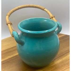 Vintage Stamped Handmade Swedish Teal Glazed Small Clay Pot with Wicker Handle